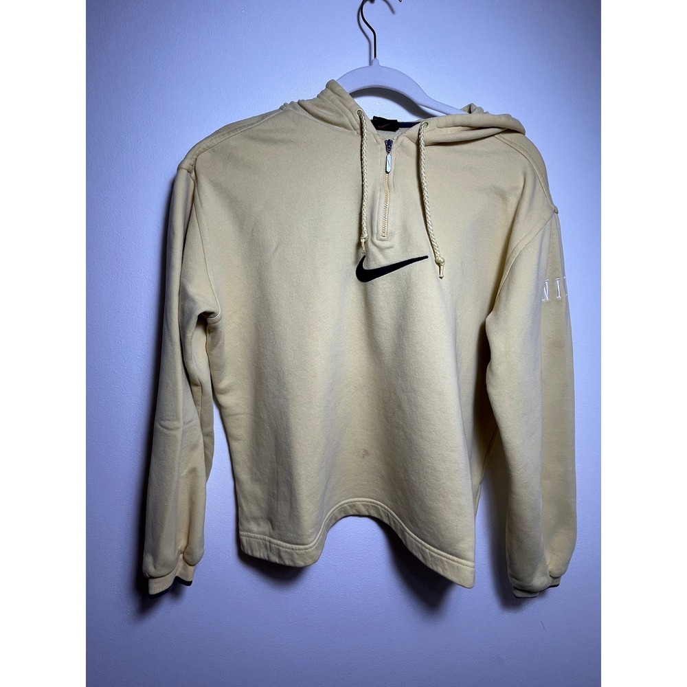 Nike Vintage Quarter Zip Hoodie Pale Yellow Embroidered Swoosh Pullover Mens
